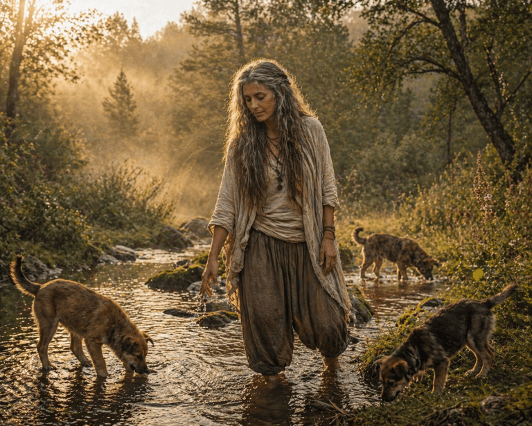 mujer paseando por el río con sus perros