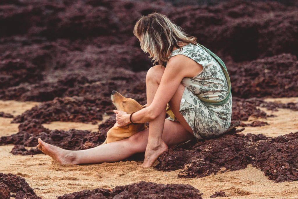 mujer sentada con su perro en la playa, conexión con su perro
